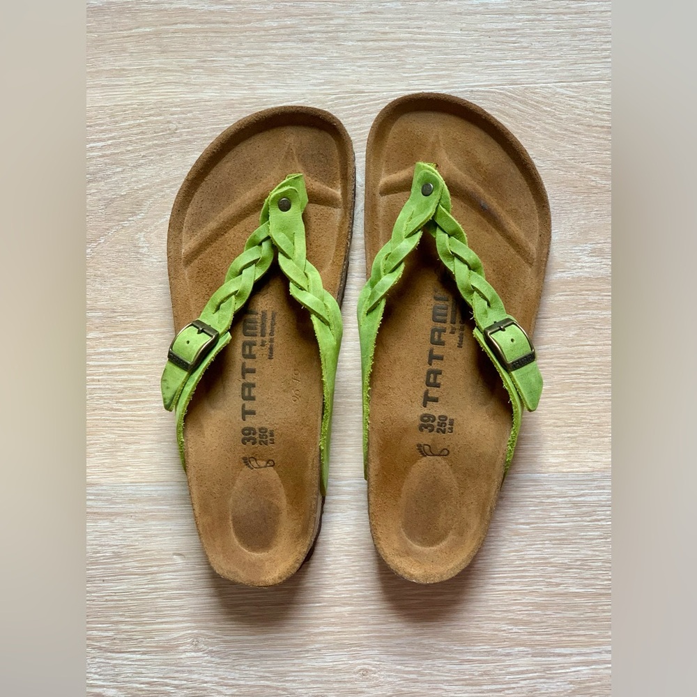 Birkenstock Braided Lime Green Leather Thong Sandals